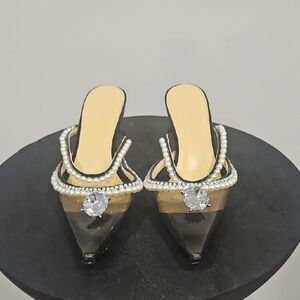 MACH & MACH Black Clear Pointed Pearl-Trim Mules with Crystal